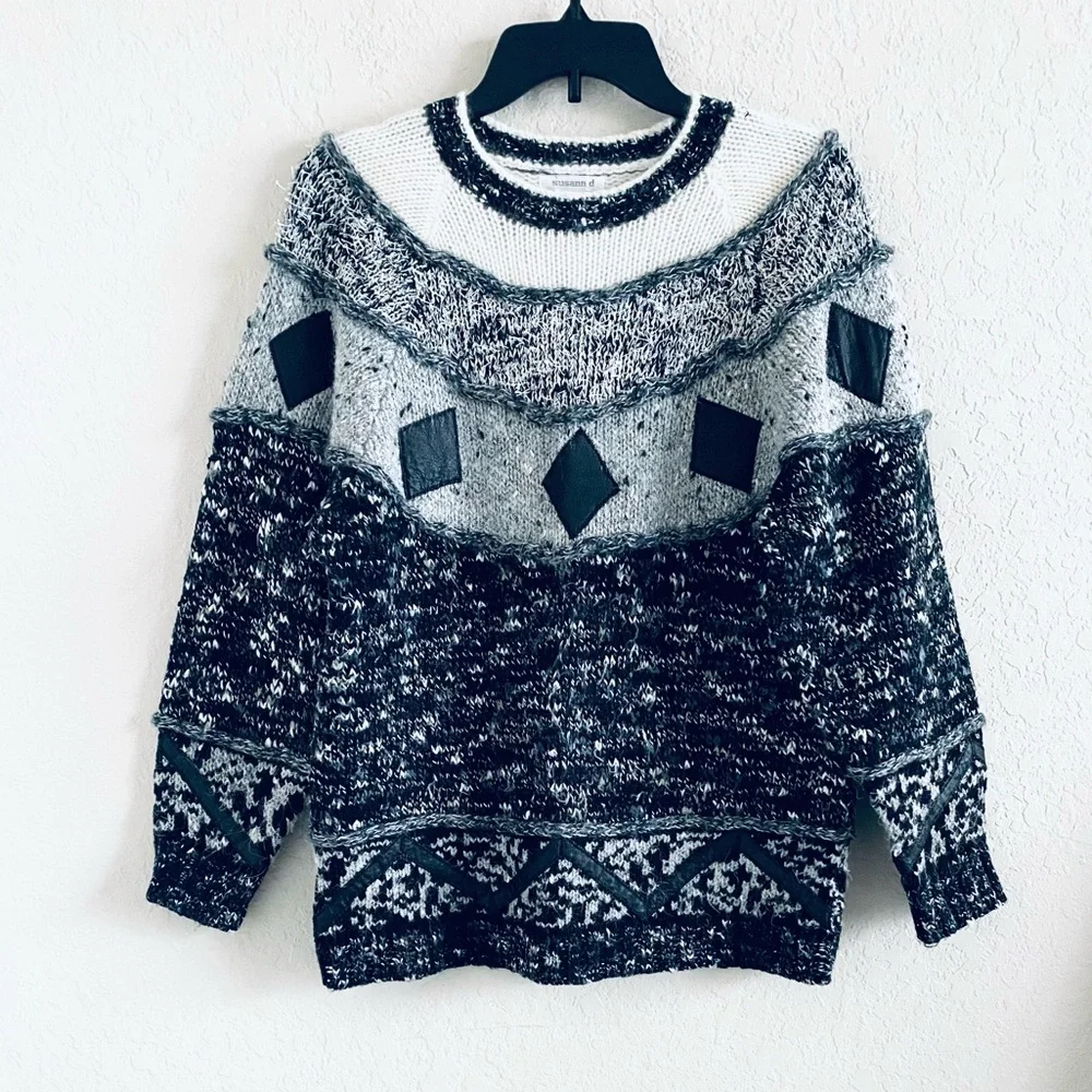 VTG Susann D Sweater Black White Print Wool Angora Knit Women S Holiday Outdoor